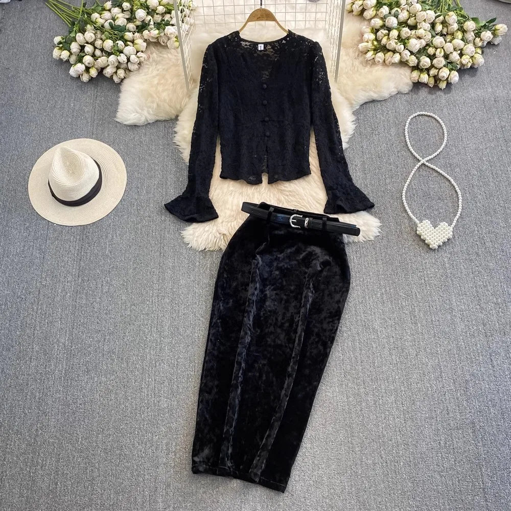 Elegant Velvet Two-piece Skirt Set Outfit on Luulla