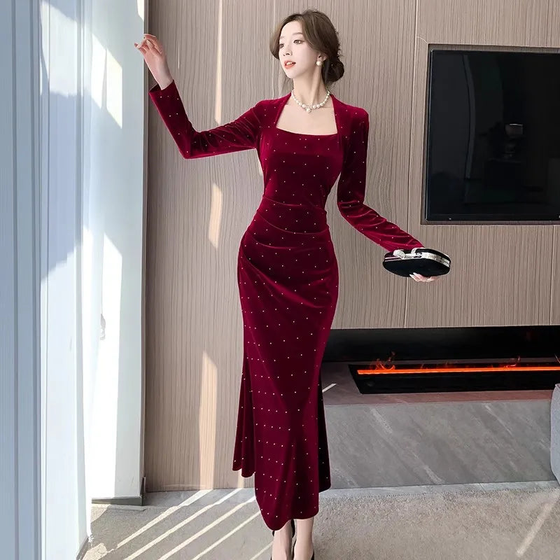 Elegant Burgundy Velvet Gown With Rhinestone Accents