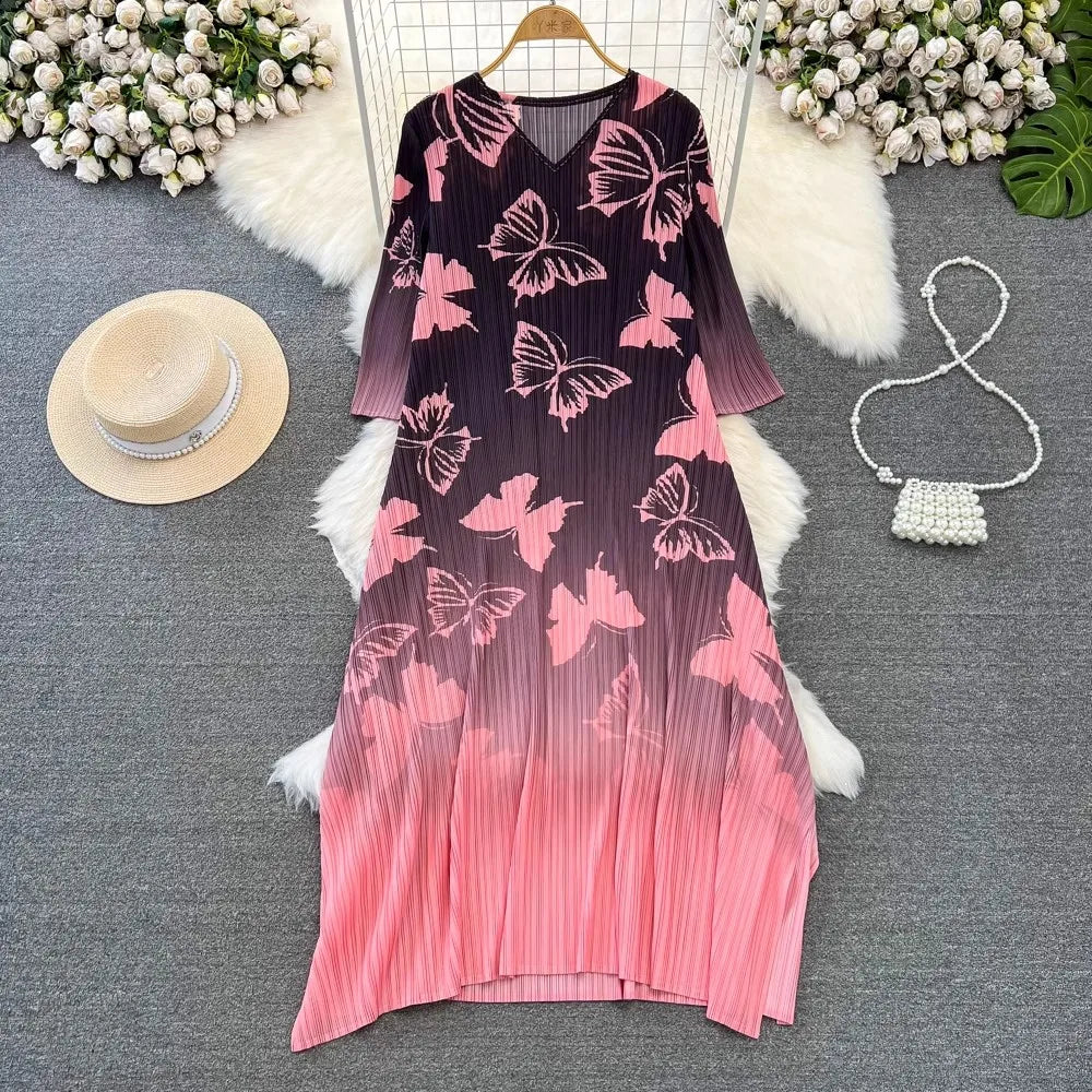 Elegant Pink Butterfly Print Maxi Dress
