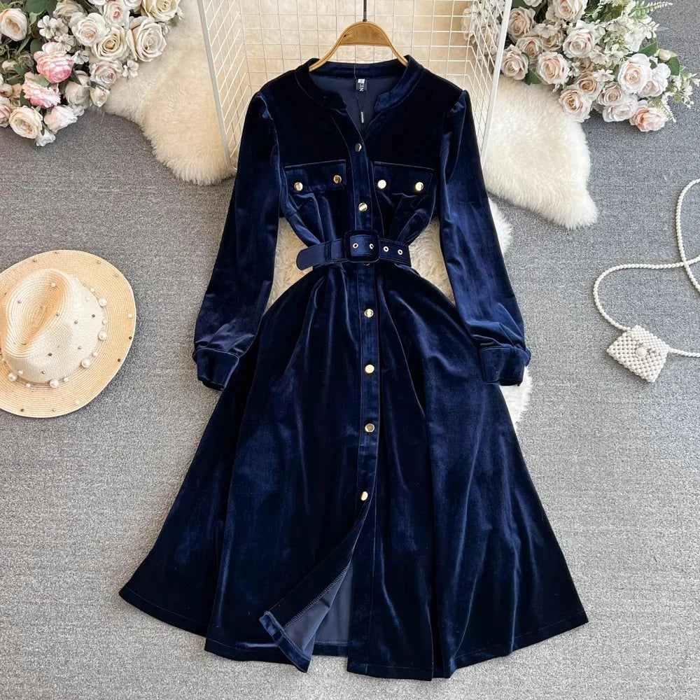 Navy Blue Velvet Long Sleeve Midi Dress on Luulla