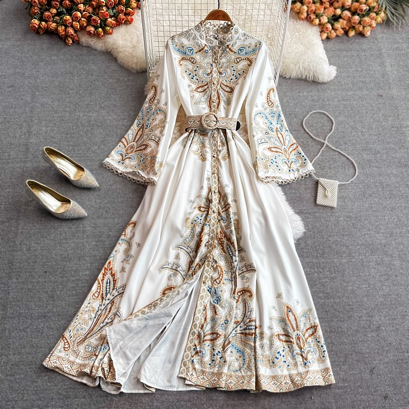 Palace Style Retro Print Long Sleeve Waist Long Dress Fashionable Single-breasted Stand-up Collar Dress, Retro Arabic Dress
