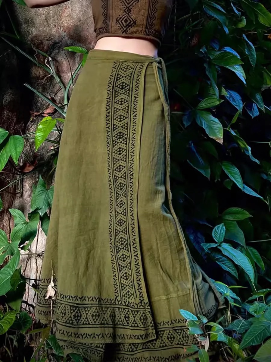 Forest Green Dress, Atmosphere, Ethnic Maxi Skirt, Green Printed Mid-length  Lace-up Skirt on Luulla