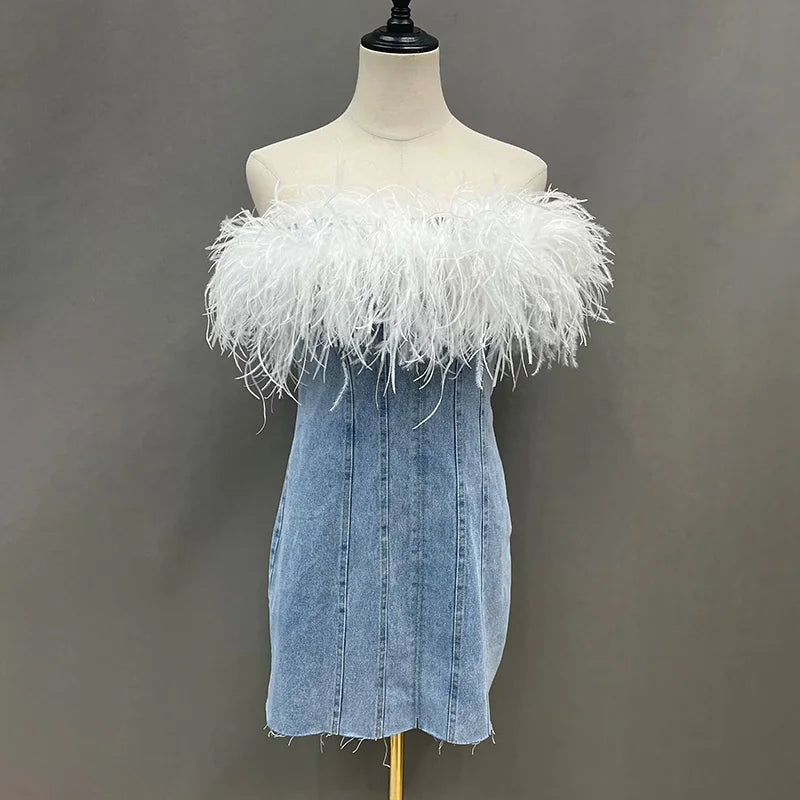 Denim Off-Shoulder Mini Dress with Feather Trim