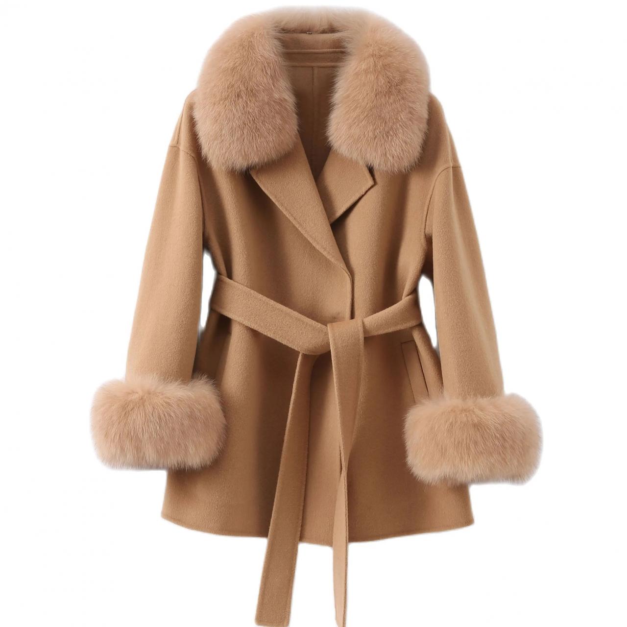 Elegant Camel Wool Coat With Fur Trim