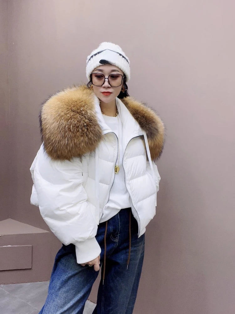 Womens White Puffer Jacket With Fur Collar on Luulla