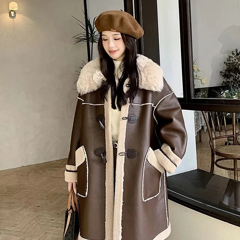 Womens Faux Fur Lined Winter Leather Coat on Luulla