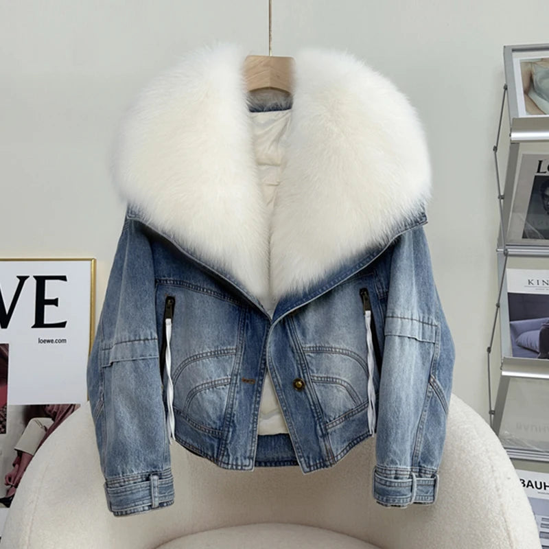 Oversized denim jacket with fur collar online