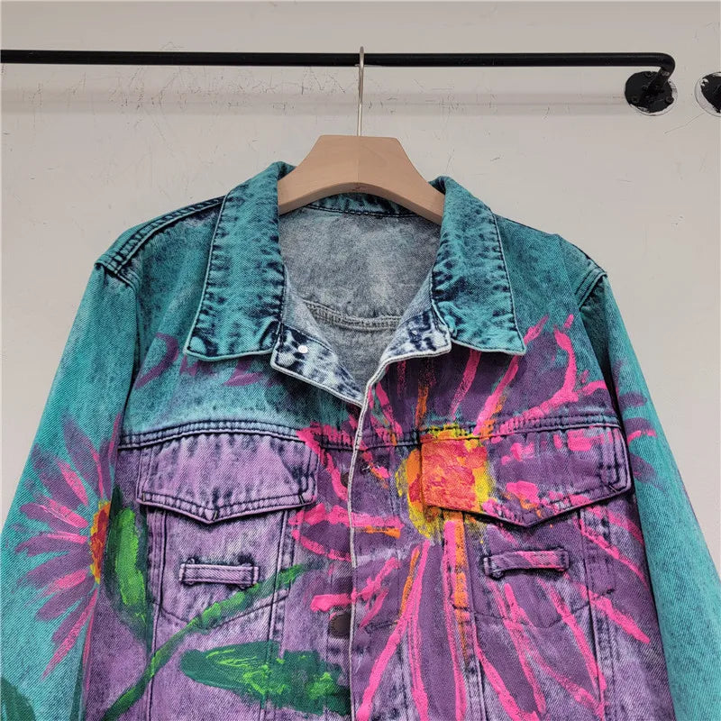Vintage Flower Art Print Casual Denim Jacket main image 1