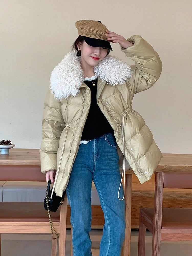 Womens Beige Fur Collar Puffer Jacket on Luulla