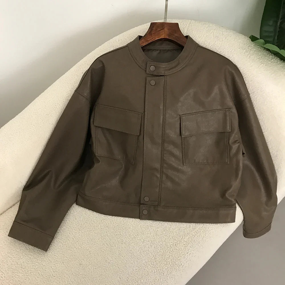 Womens Brown Faux Leather Utility Jacket on Luulla