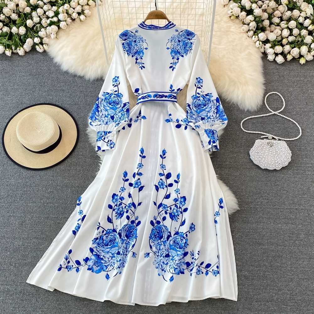 Palace Blue And White Porcelain Print Dress, Stand-up Collar  Single-breasted Dress, Elegant Temperament Long Dress