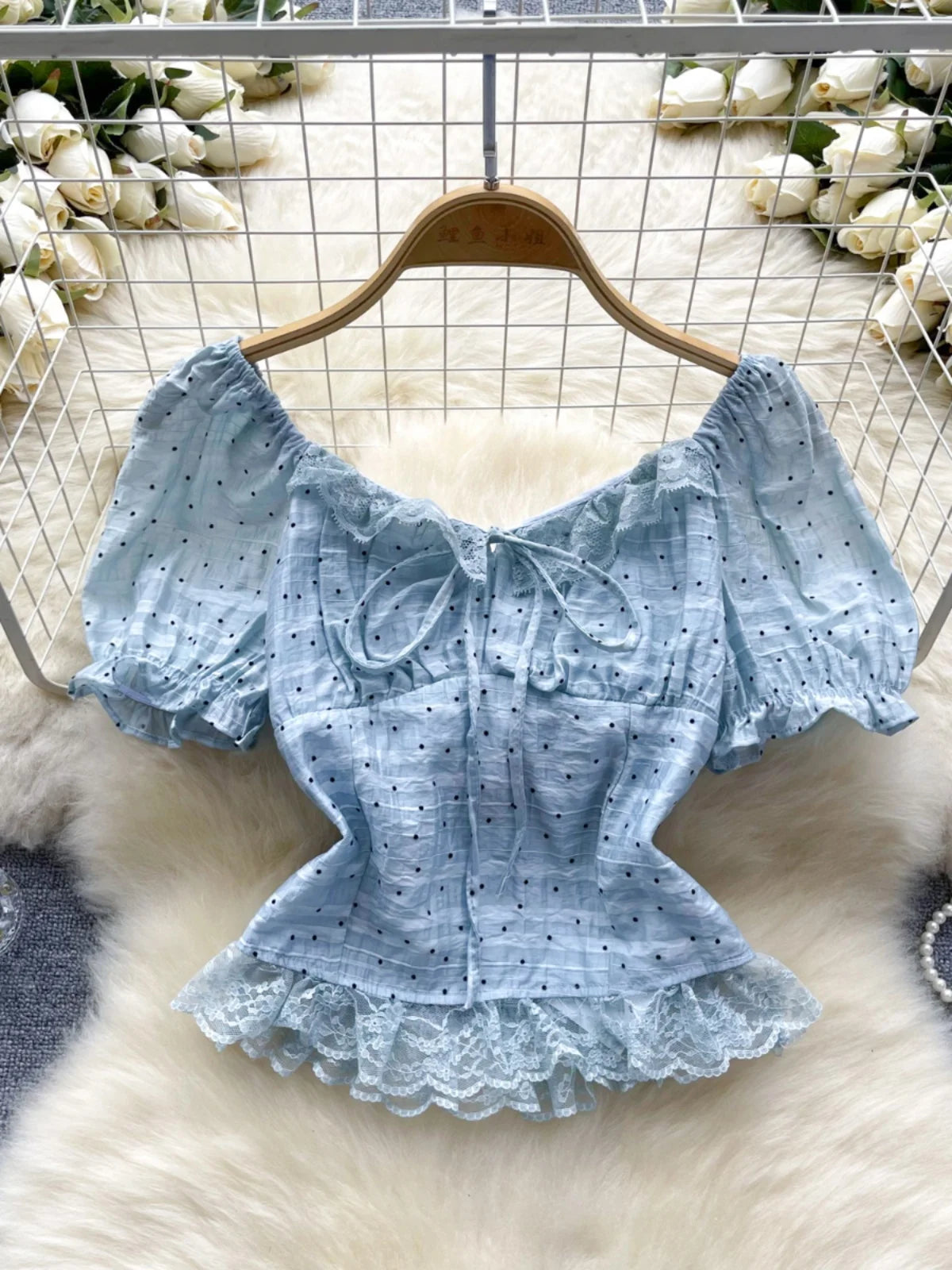 Boho Polka Dot Lace Top Light Blue Polka Dot Lace Blouse Style On