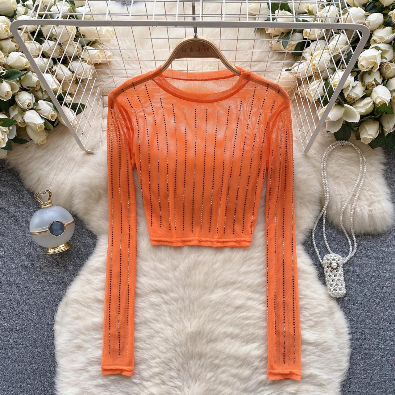 【2024福袋】 Top Sleeve Long Sheer Orange With Luulla on Rhinestones トップス