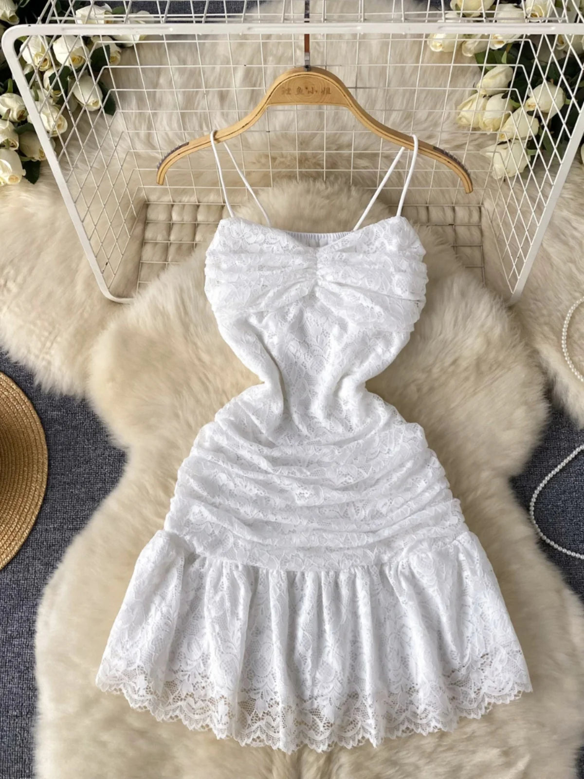 chinese dress ladies Zapaka Women Cute Graduation Dress Spaghetti Straps Bodycon Pleated Lace Little White Commencement Dress, White / L main image 0