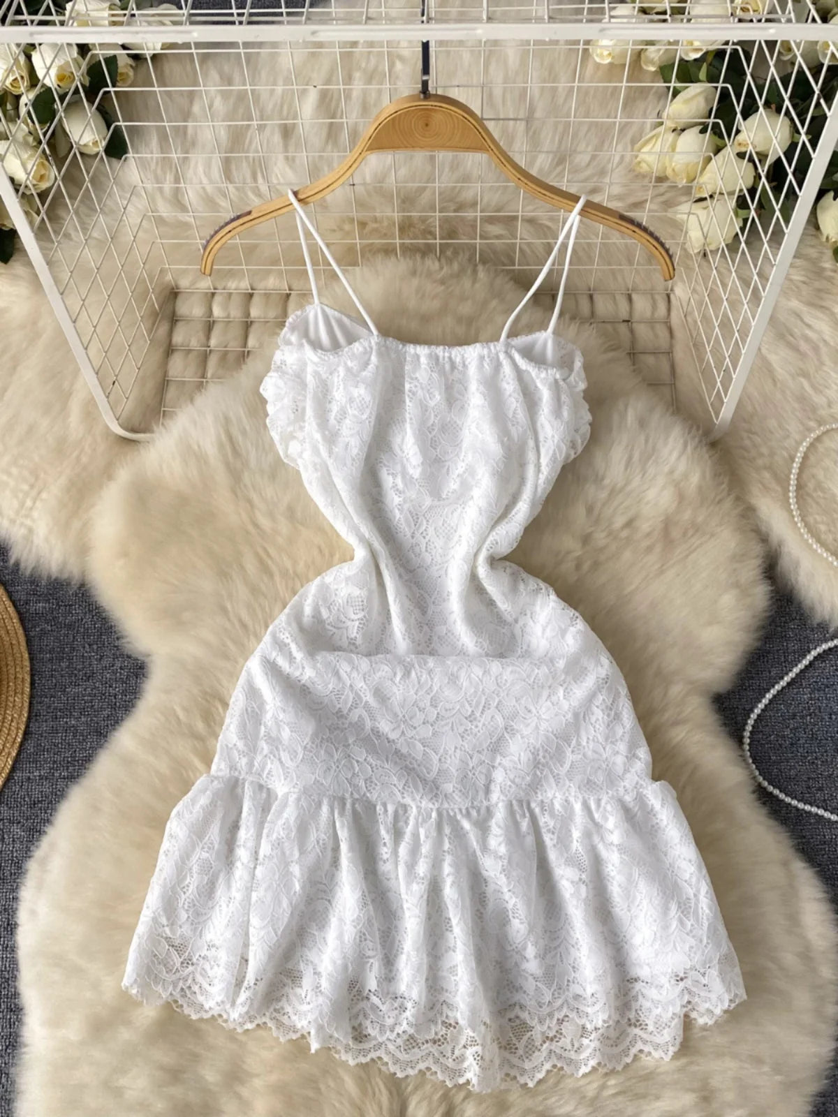 short white lace dress with spaghetti straps Sheer Lace Backless Spaghetti Strap Mini White Dress  Boots N Bags Heaven