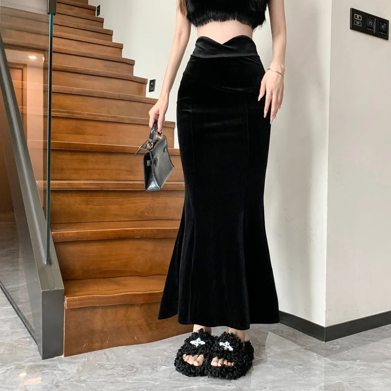 High waisted velvet maxi skirt clearance