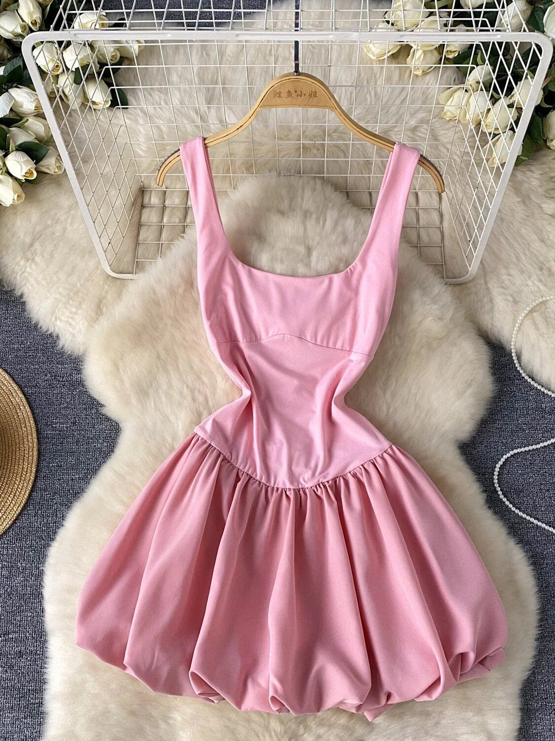 open lace back dress Brooklyn Pink Glossy Bubble Hem Mini Dress main image 0