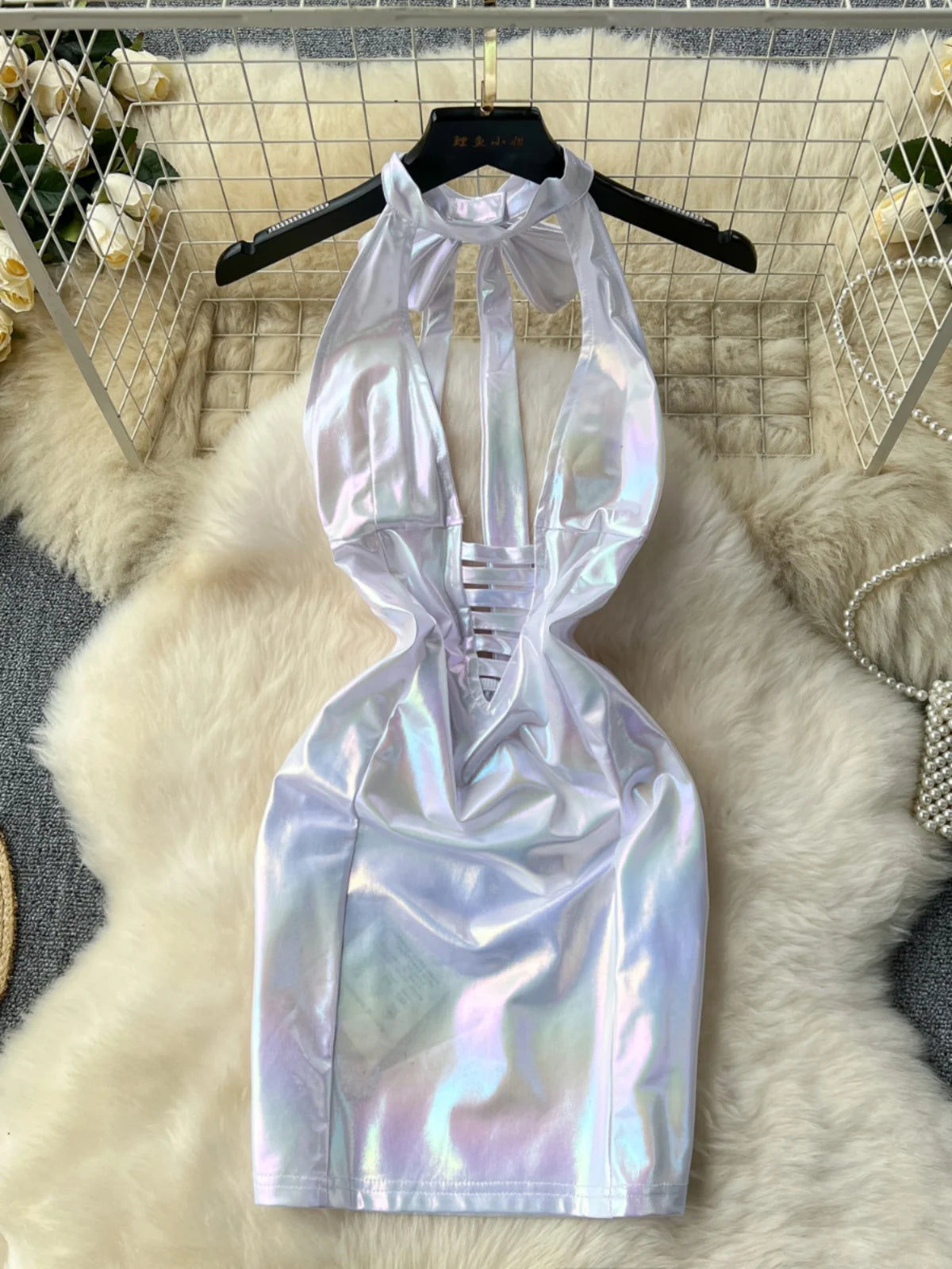 Shiny Holographic Halter Neck Bodycon Mini Dress on Luulla