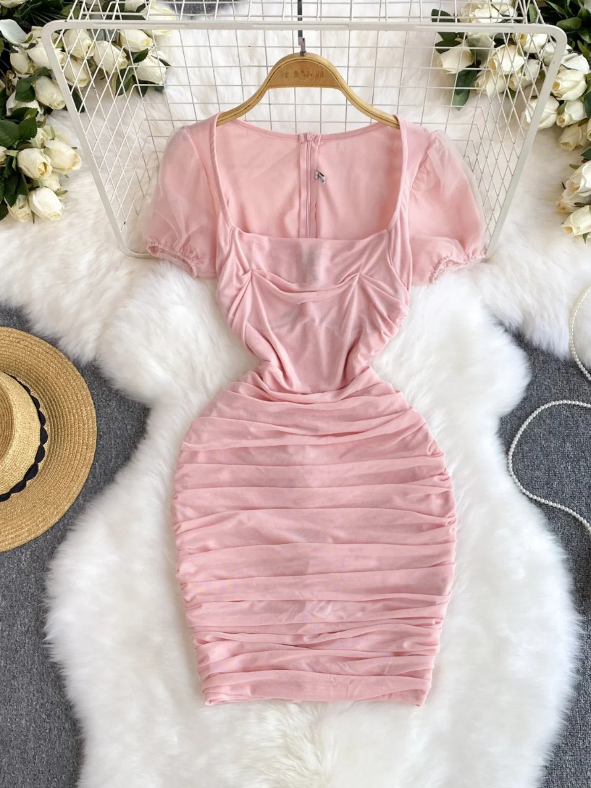 Elegant Pink Ruched Mesh Sleeve Bodycon Dress