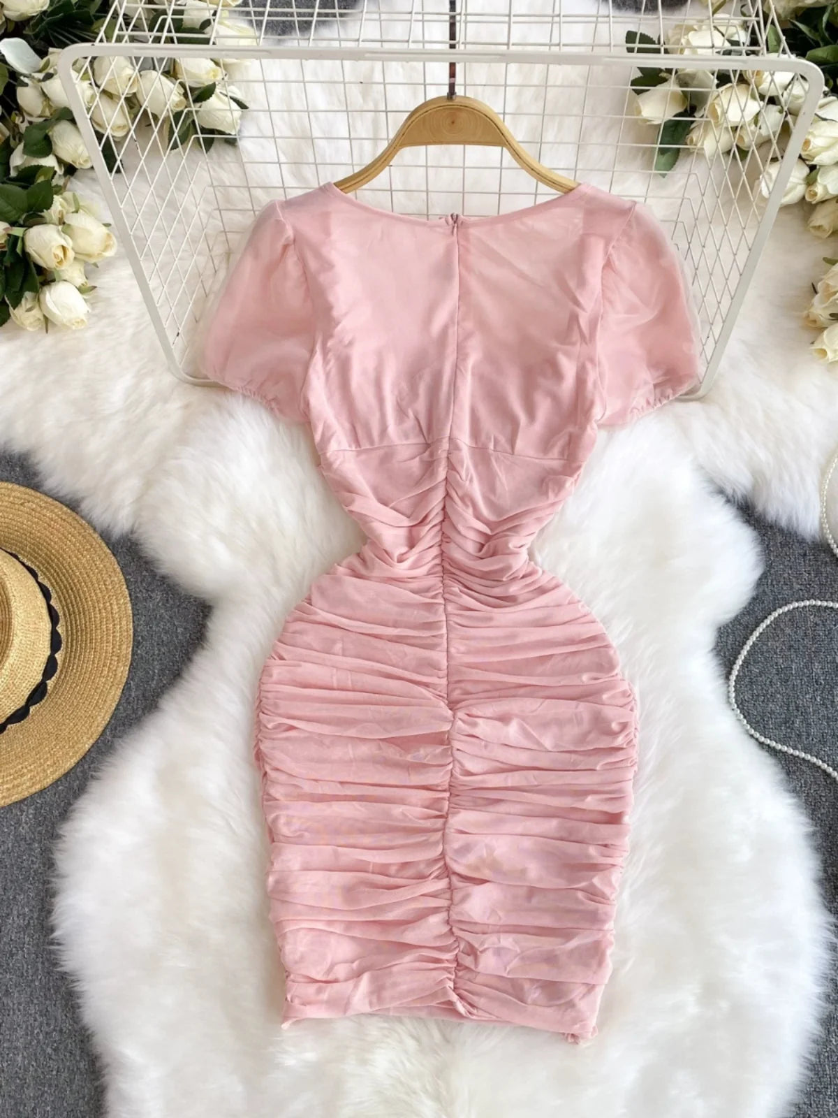 knee length dresses for ladies Surround Sound Pink Mesh Long Sleeve Mini Dress - US 8 main image 0