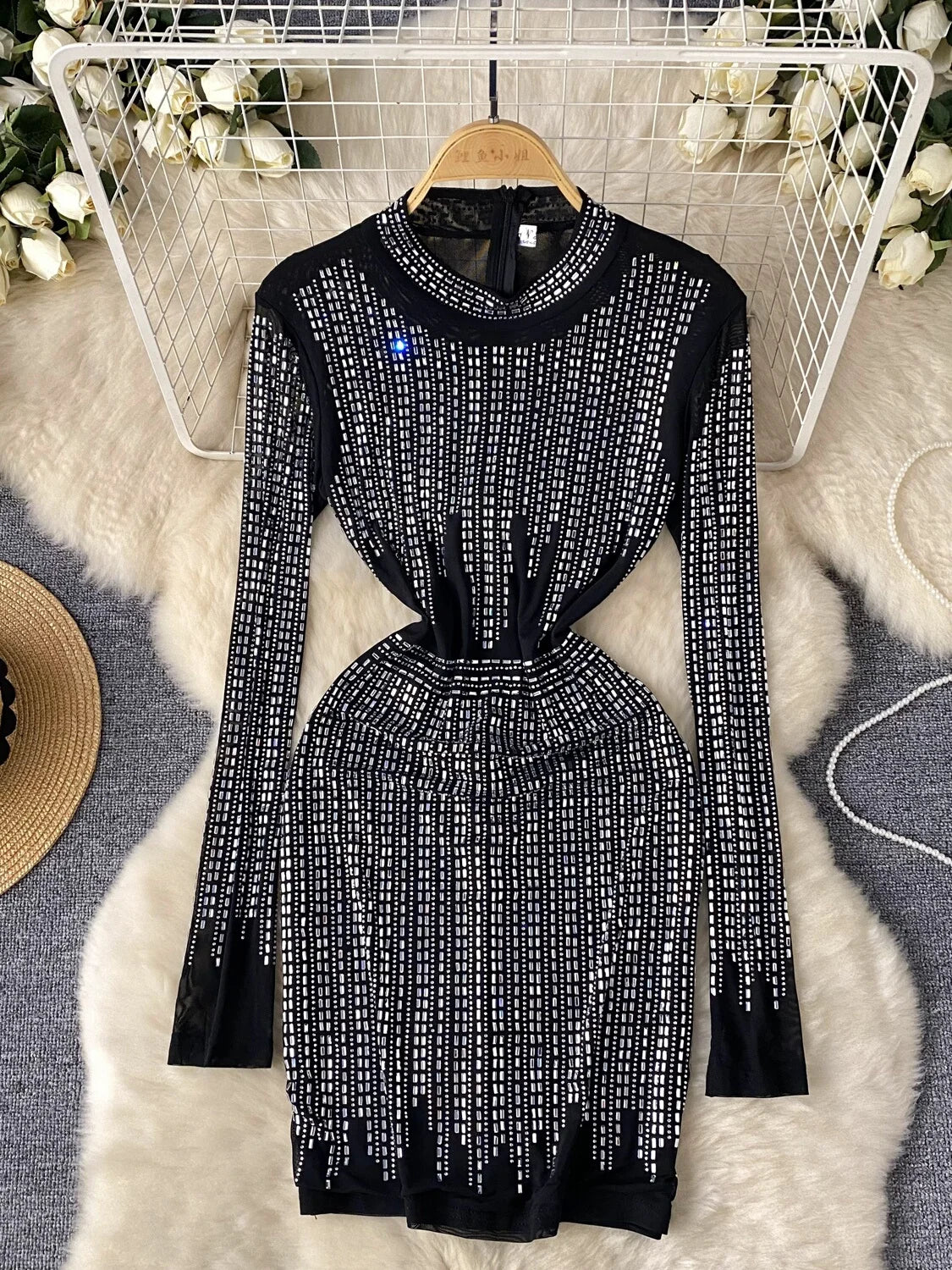 Black Sequined Long Sleeve Bodycon Dress