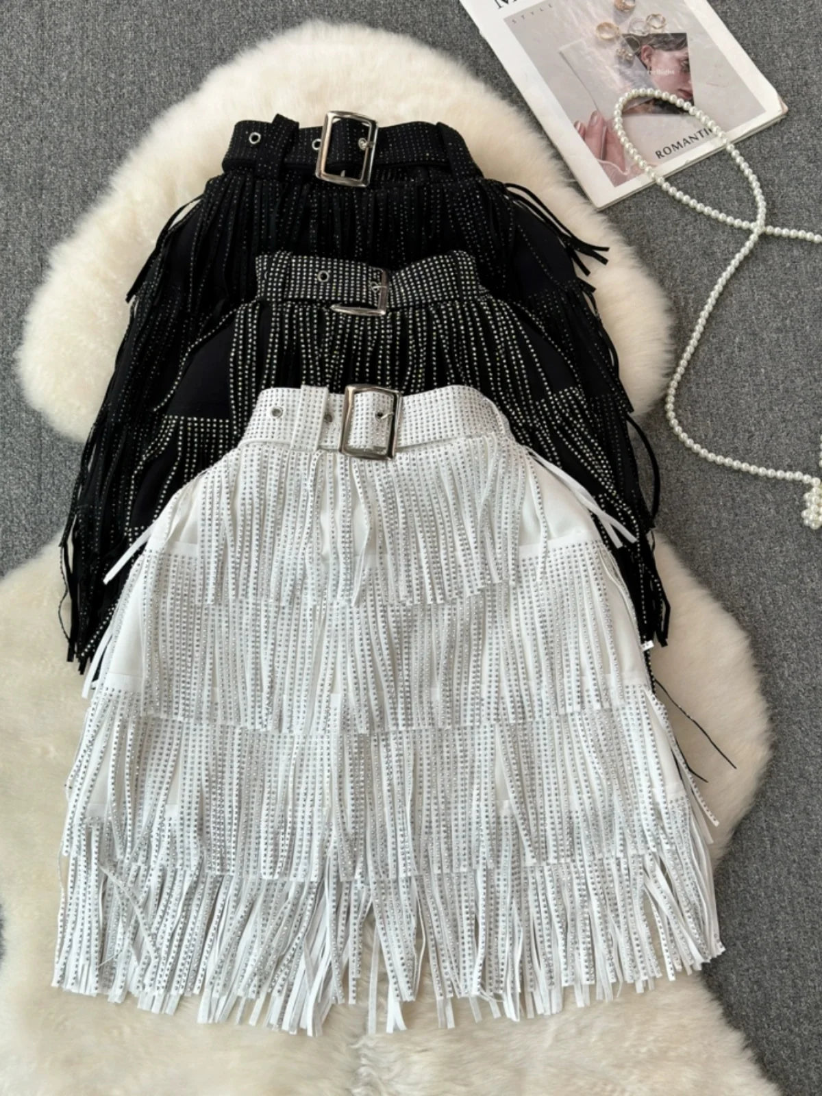 Rhinestone Embellished Fringe Mini Skirt Collection on Luulla