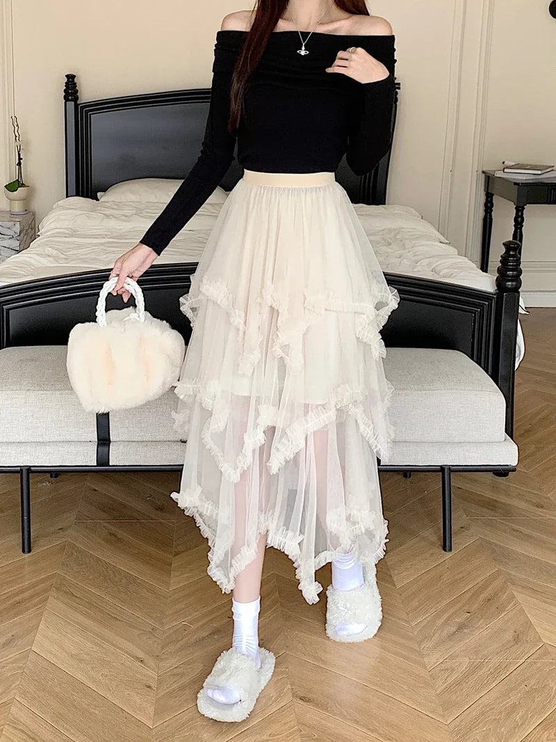 Layered Lace-tulle Skirt And Cozy Sweater Set on Luulla