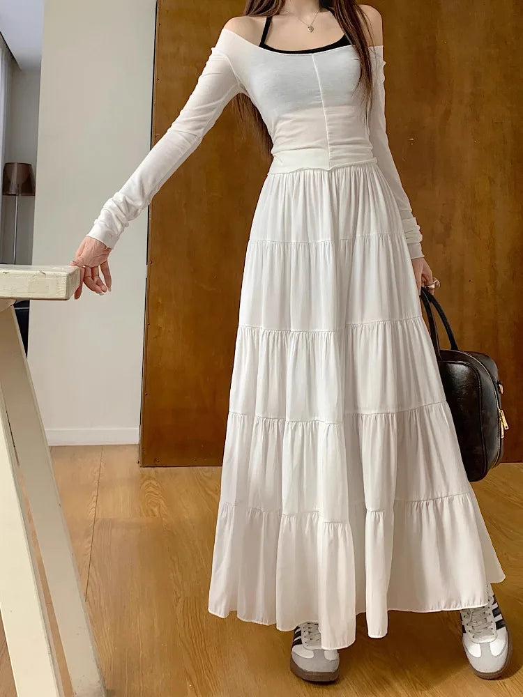 Off-shoulder White Long Sleeve Maxi Dress on Luulla