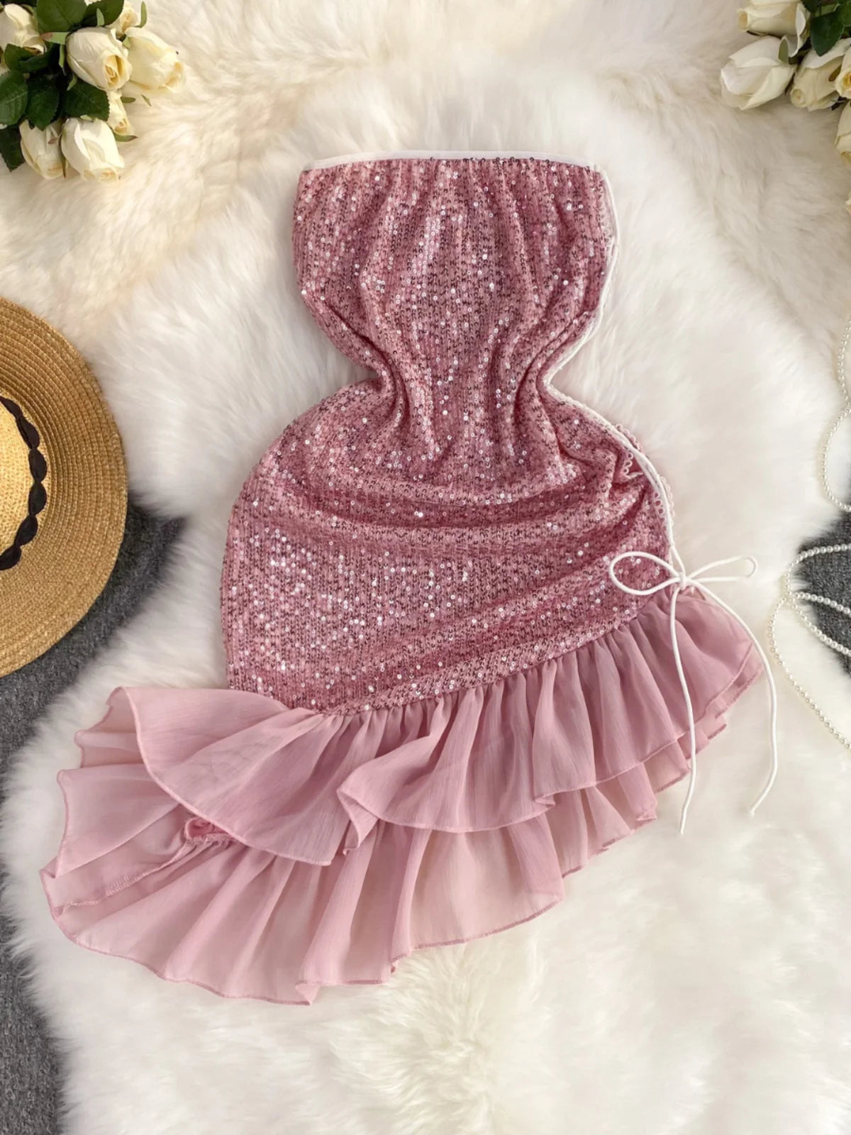 Pink Sequin Strapless Dress With Ruffle Hem
