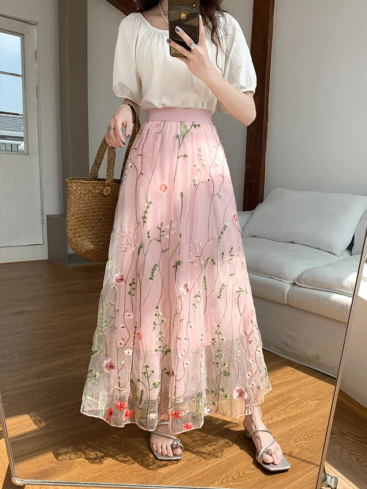 Pink Floral Embroidered Mesh A line Skirt on Luulla