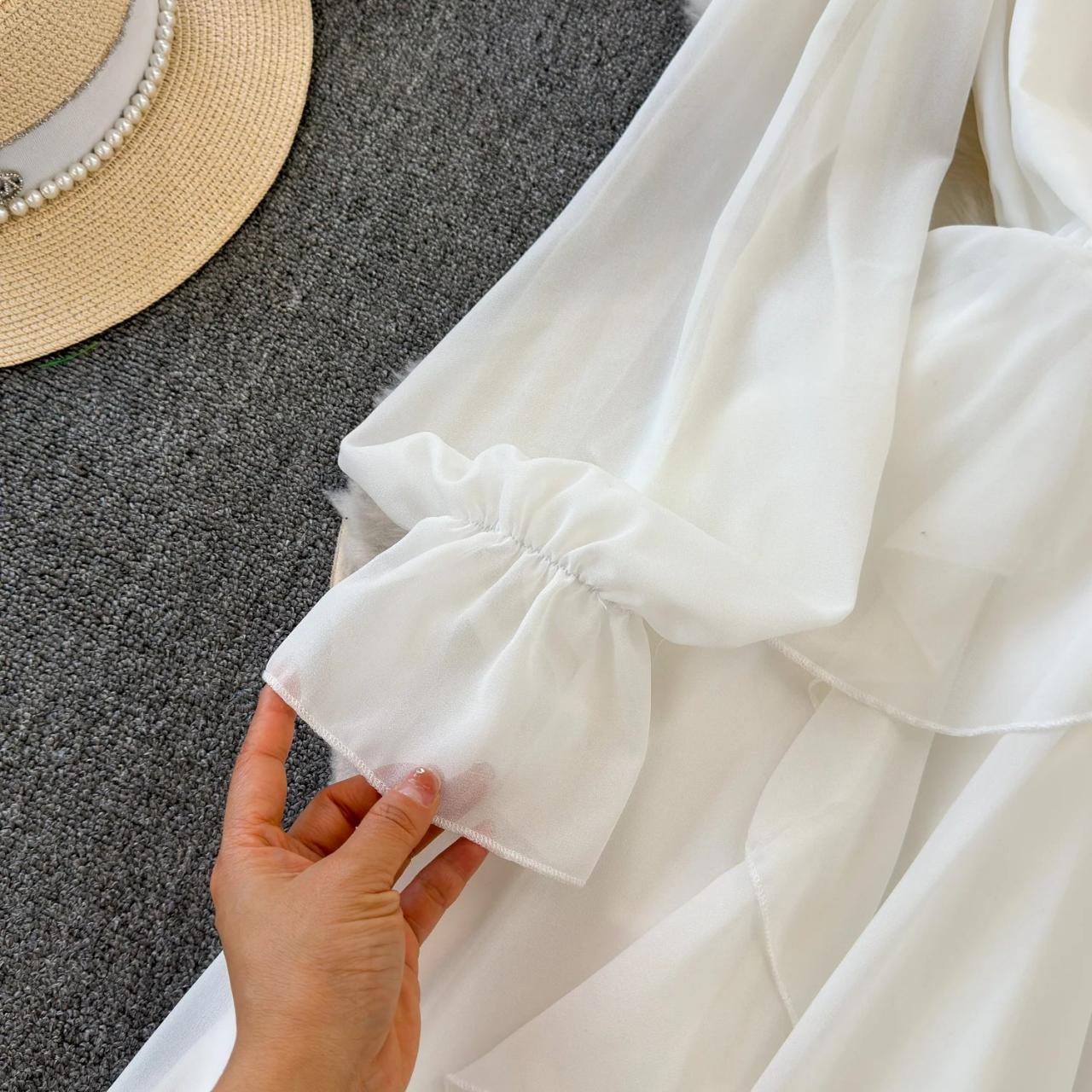 Elegant White Chiffon Dress With Ruffle Details on Luulla