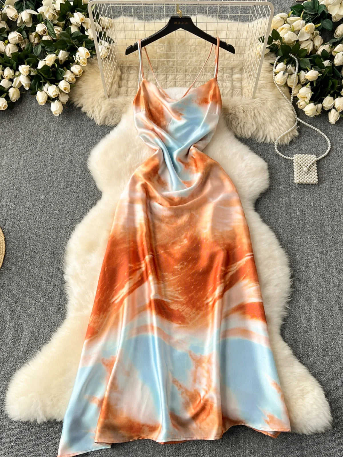 strapless open back dress Elayna Orange Strappy Satin Corset High Slit Gown main image 1