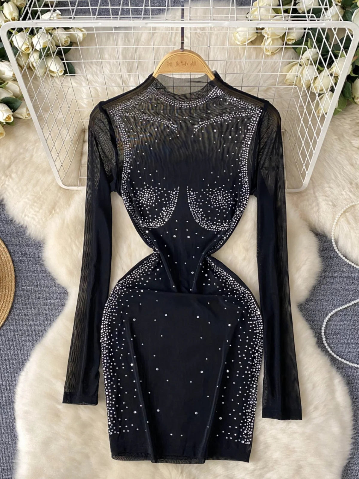 Elegant Black Sheer Mesh Rhinestone Party Dress