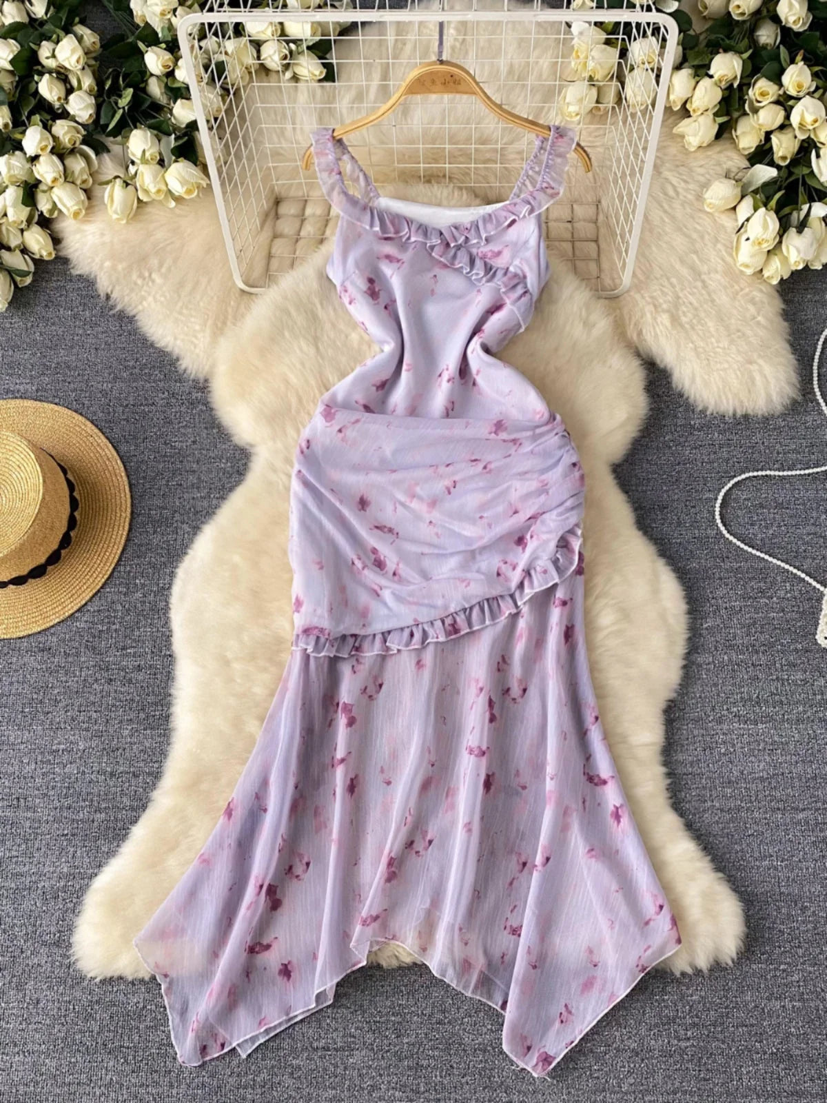 Floral Ruffle Midi Dress In Light Lavender on Luulla