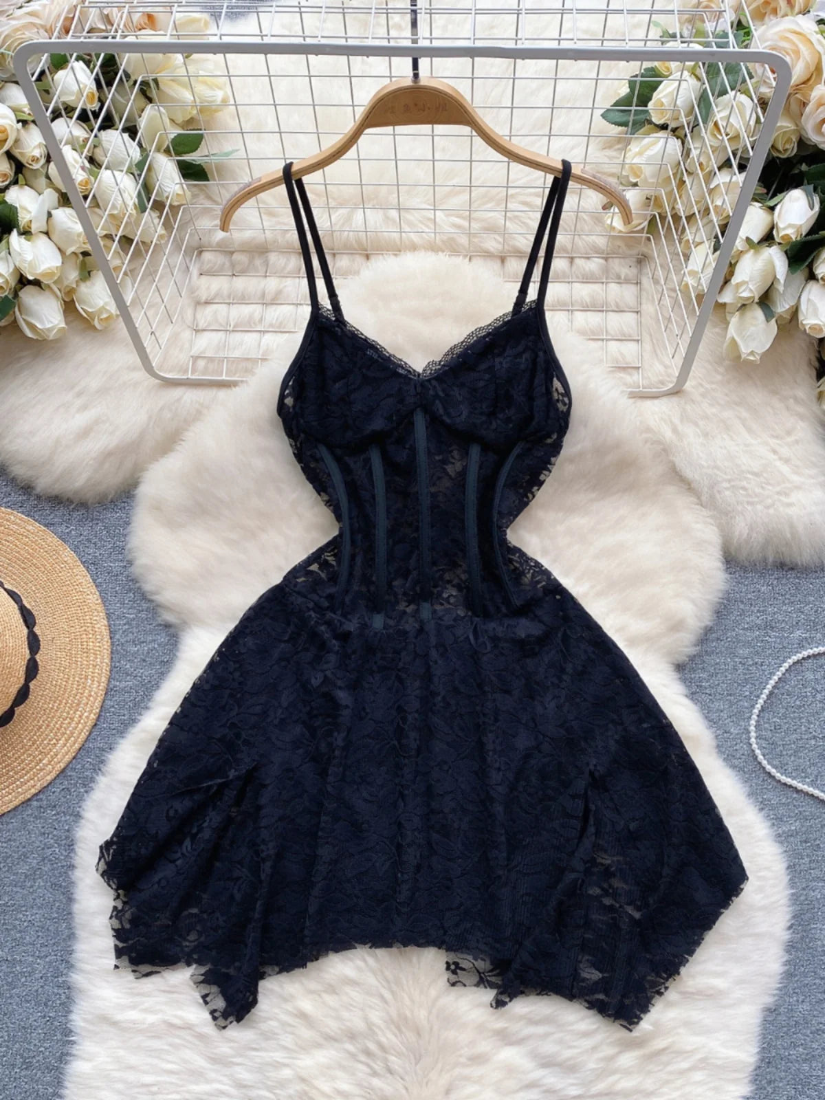 Elegant Black Lace Spaghetti Strap Mini Dress
