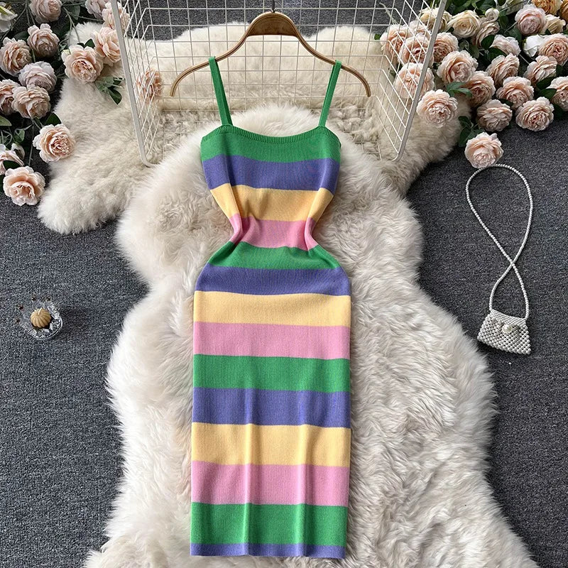 Colorful Striped Knit Sleeveless Bodycon Midi Dress