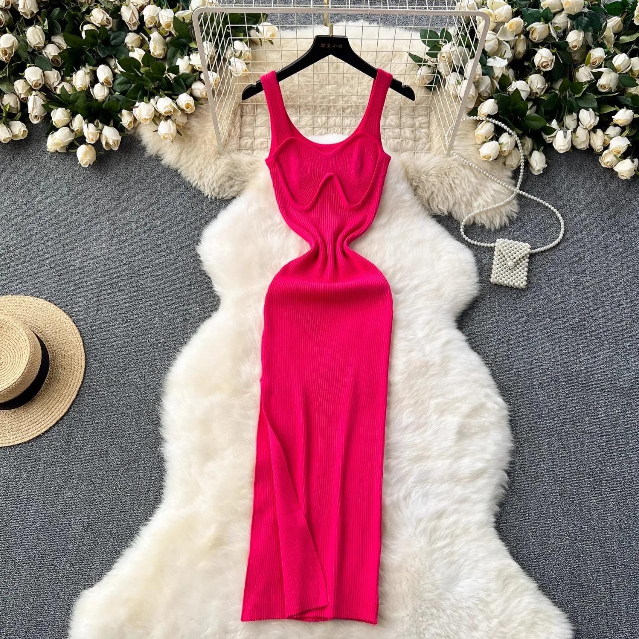 Pink Sleeveless Ribbed Bodycon Midi Dress