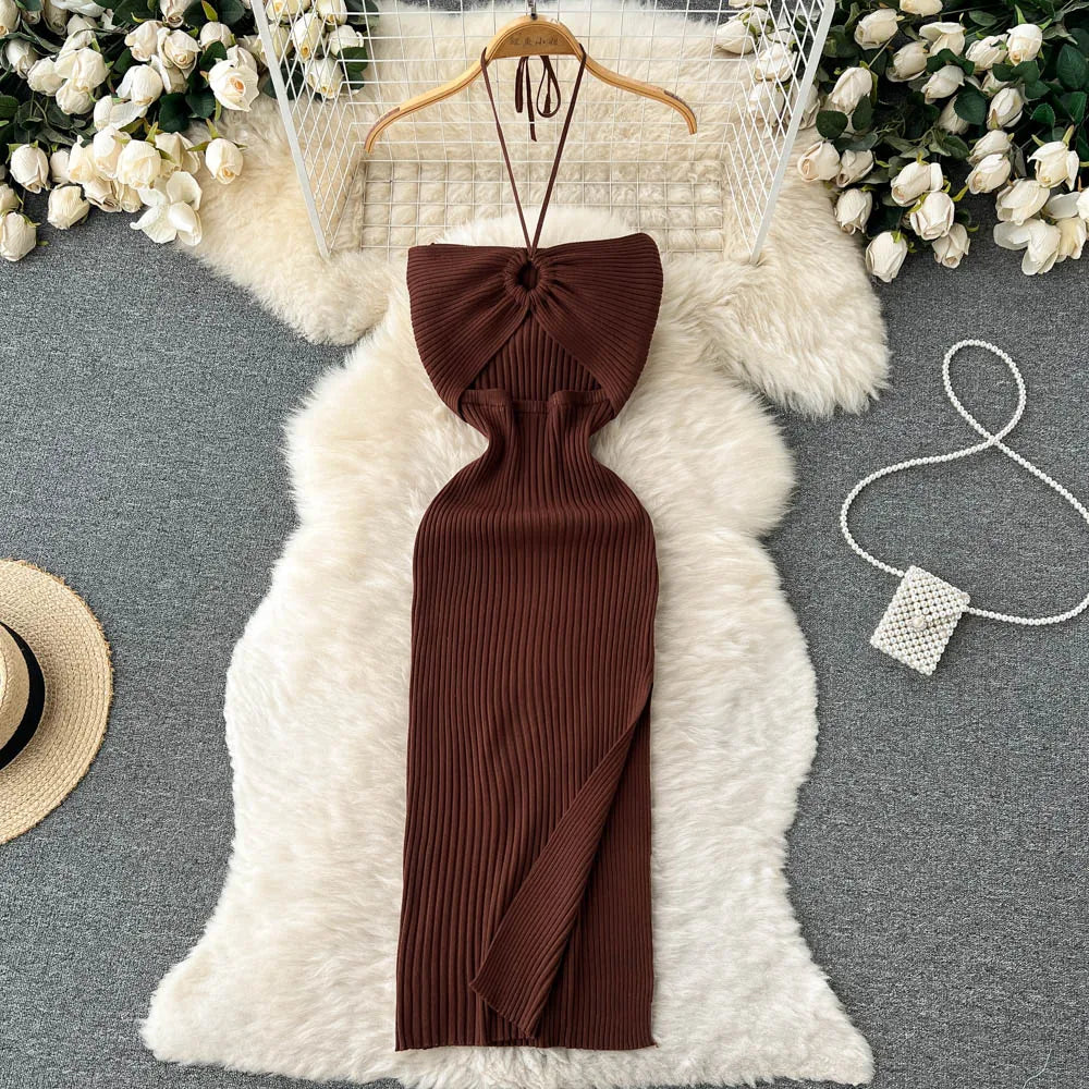 Elegant Orange Knit Halter Cutout Midi Dress on Luulla