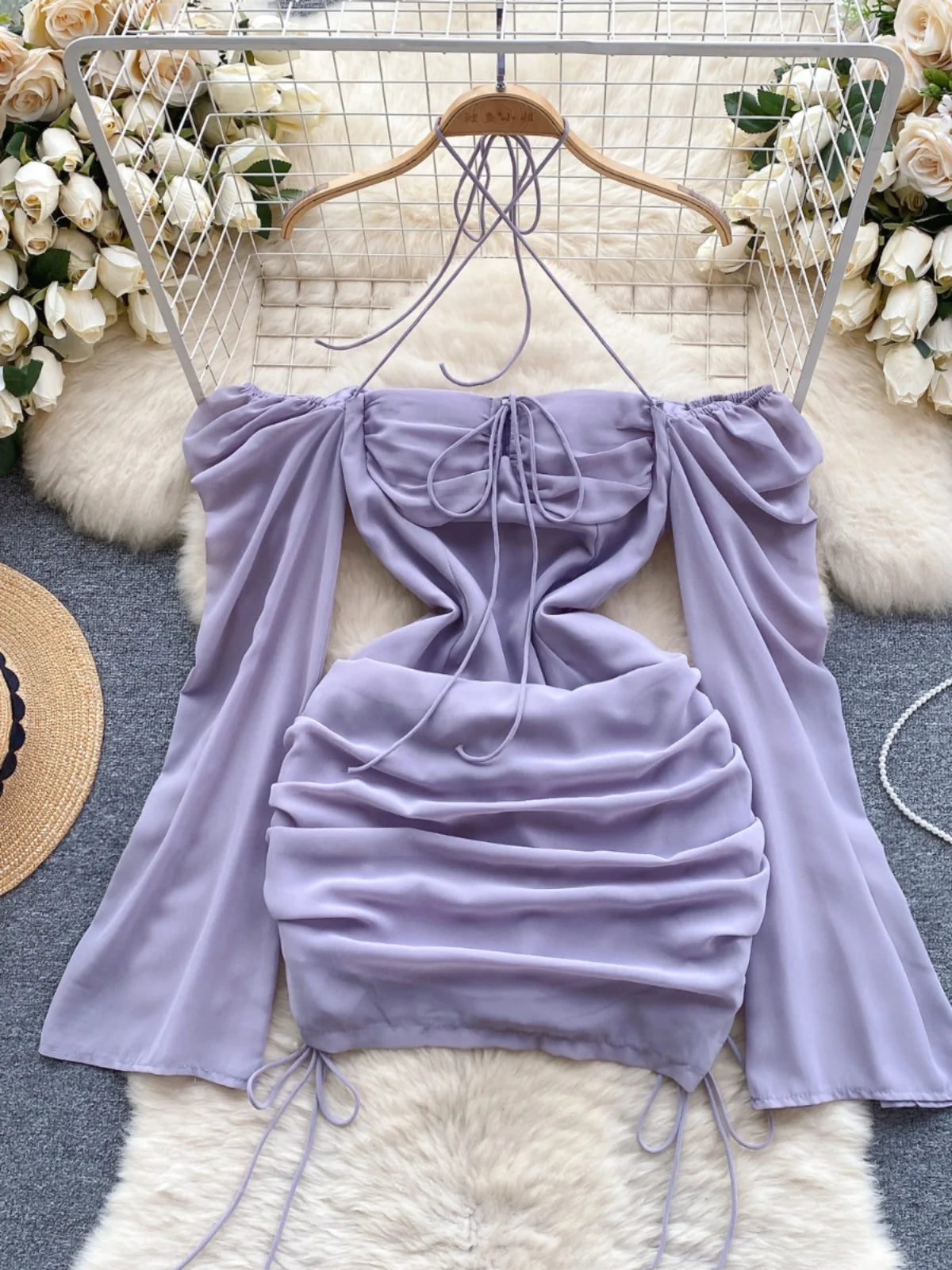 Lilac Chiffon Ruched Off-Shoulder Mini Dress