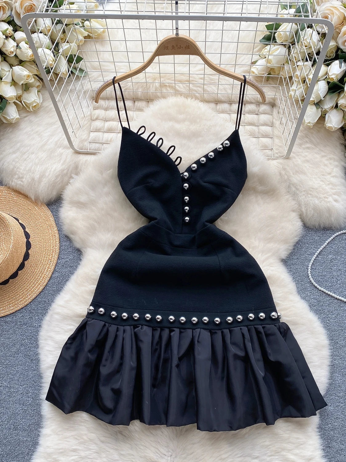 Elegant Black Velvet Dress With Silver Studs