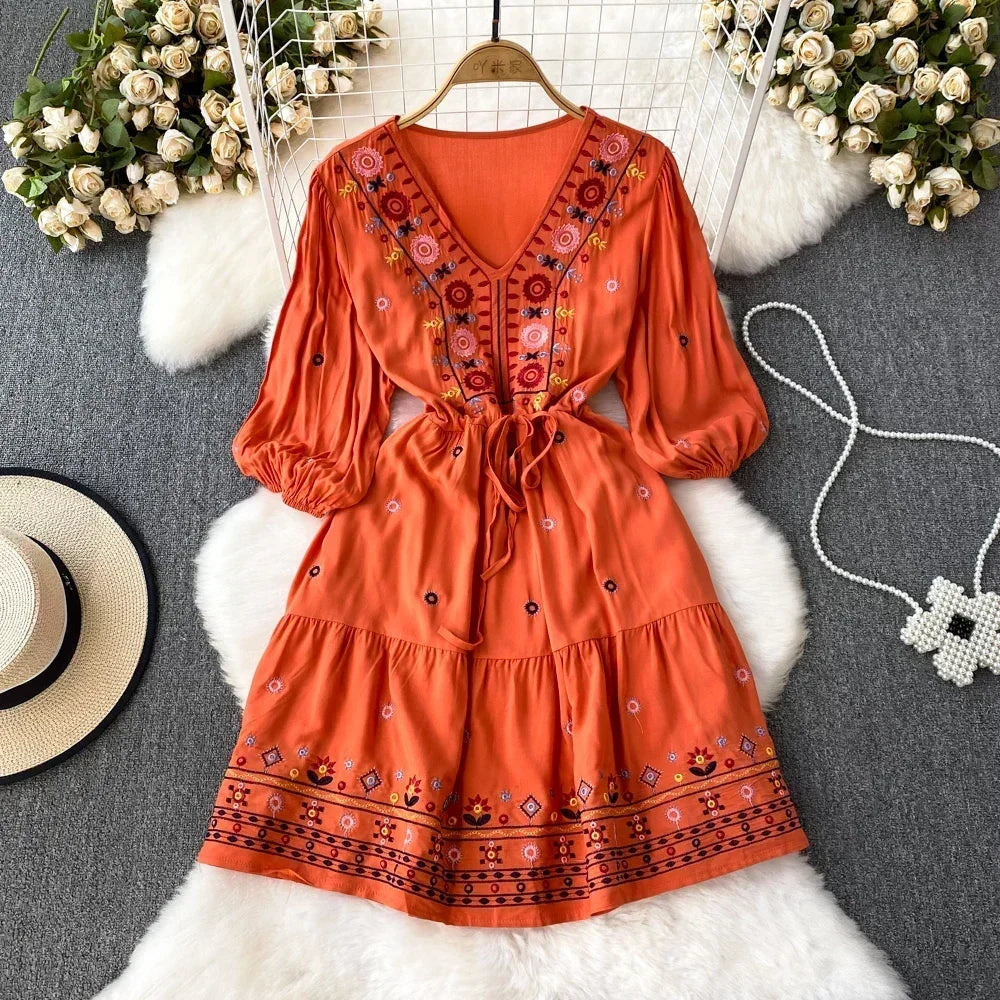 Bohemian Floral Embroidered V-Neck Mini Dress