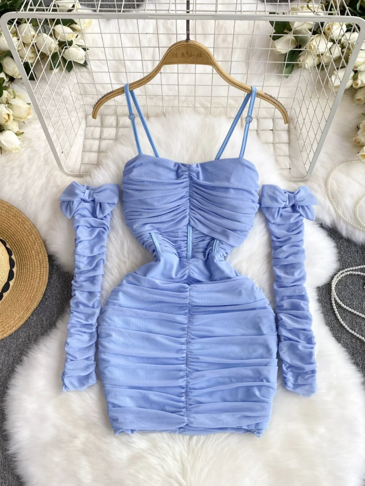 Elegant Ruched Mini Dress With Detachable Sleeves