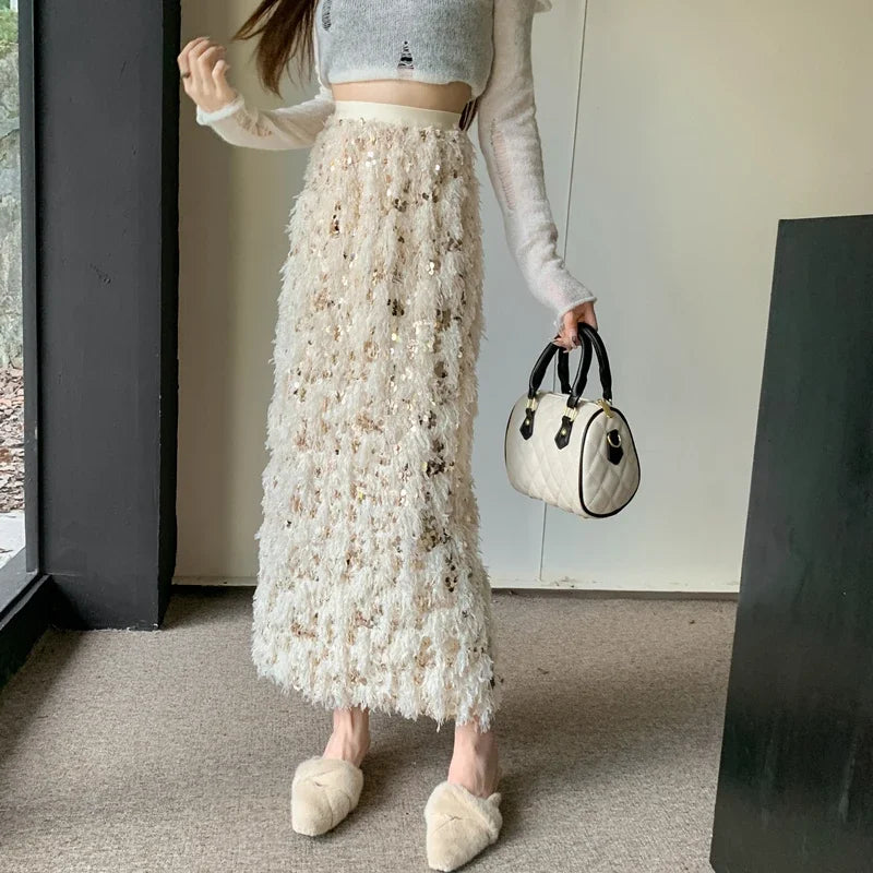 Elegant Sequin Fringe Midi Skirt For Women
