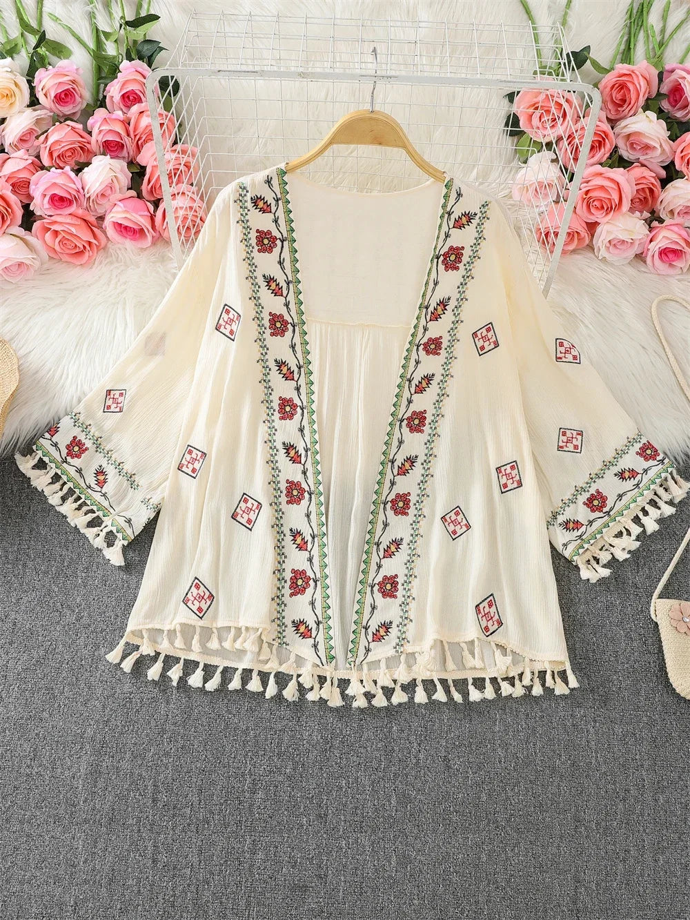 Boho Floral Embroidered Tassel Kimono Cardigan Top on Luulla