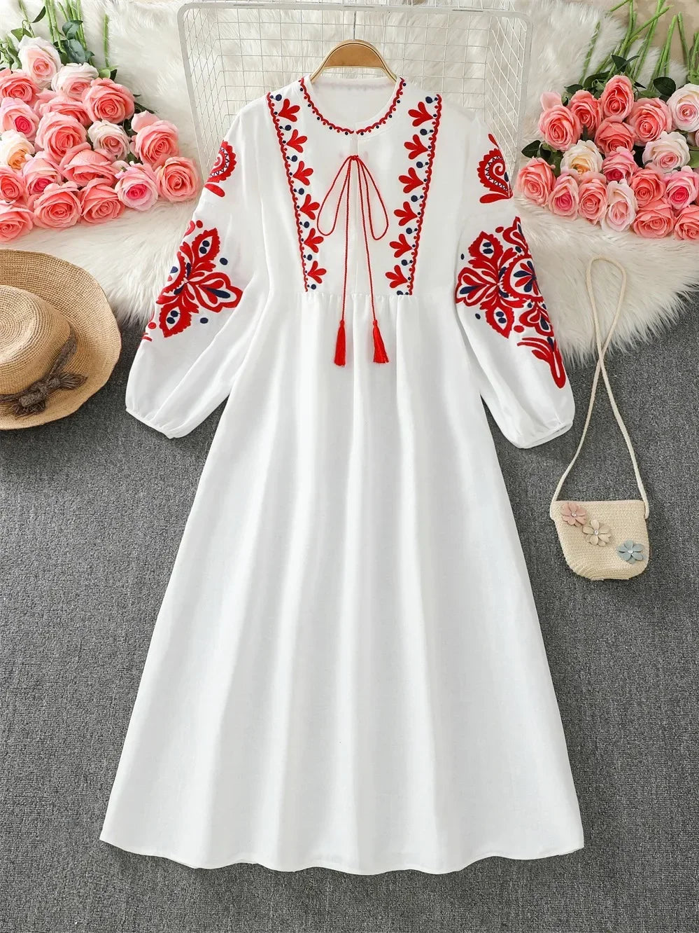 Welove Prom White Long Sleeve Embroidered Boho Summer Dress