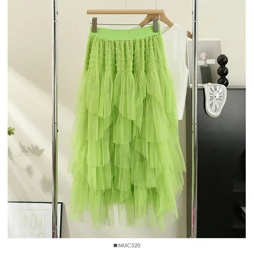Priyavil Ruffle Layered Mesh A-line Long Tulle Skirt main image 0
