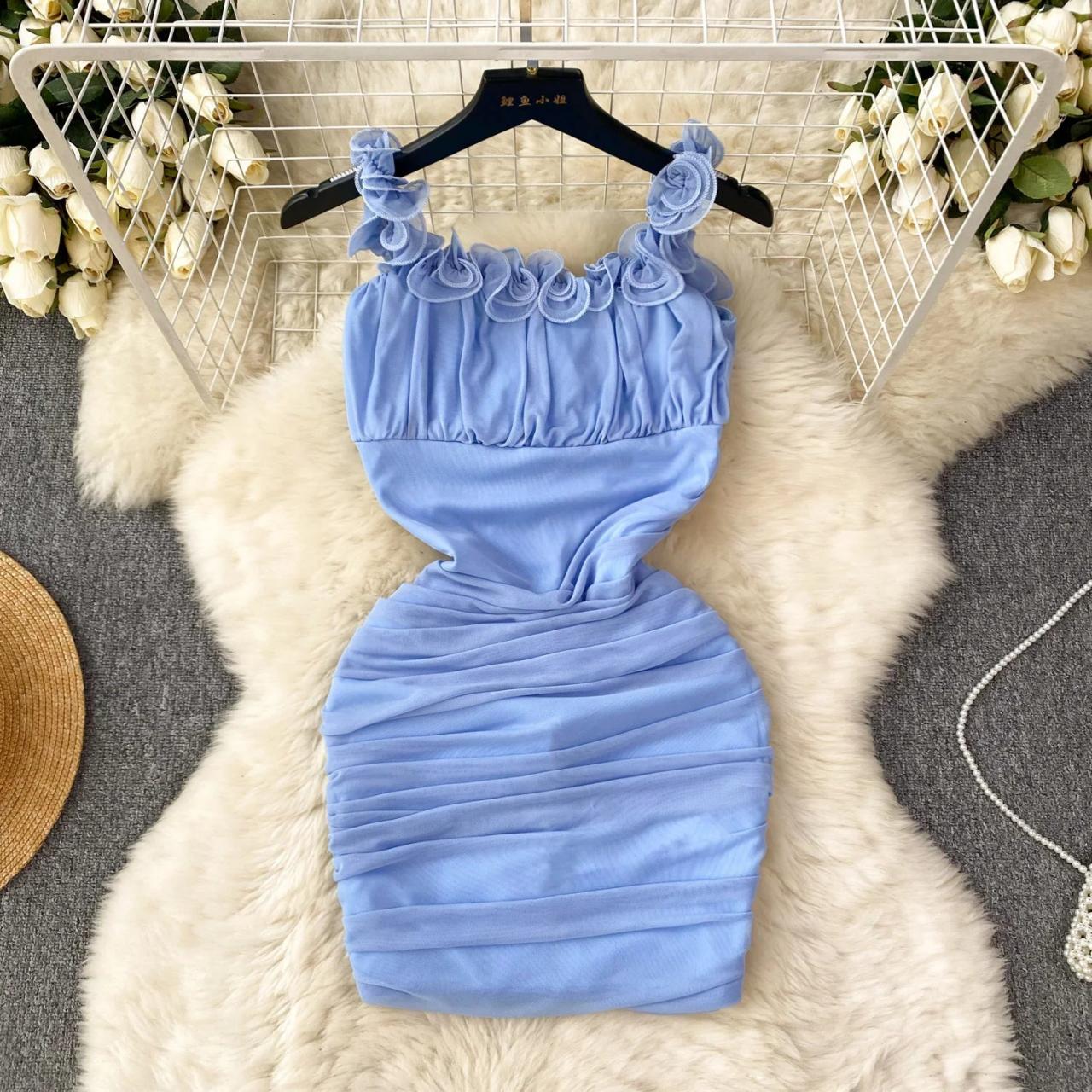 Elegant Blue Ruffled Bodycon Dress For Women