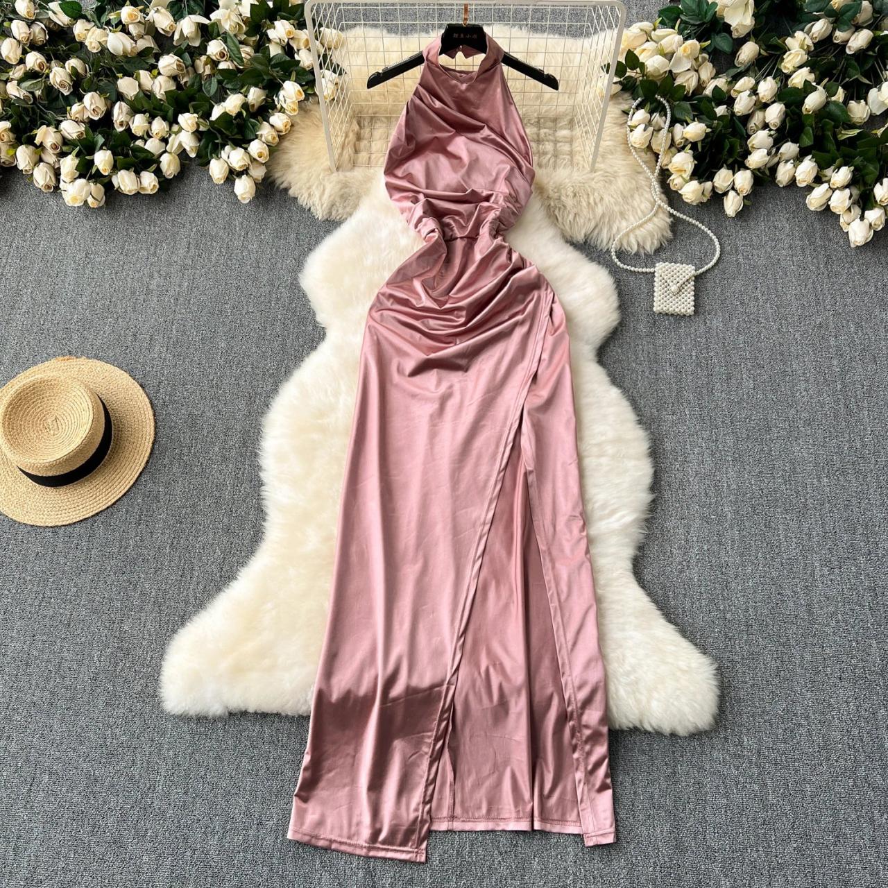 Elegant Satin Backless Ruched Maxi Evening Dress