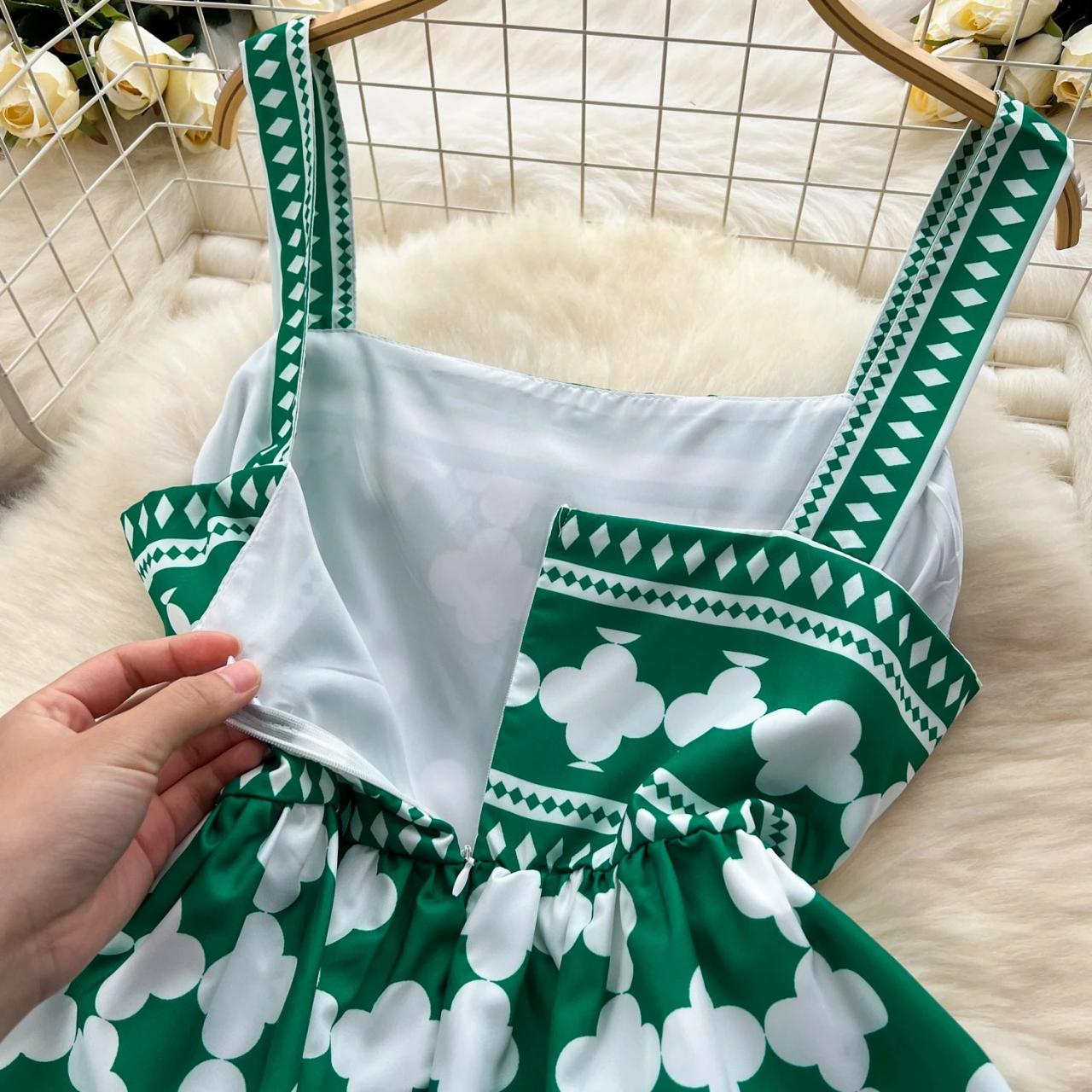 Green And White Geometric Pattern Summer Dress on Luulla