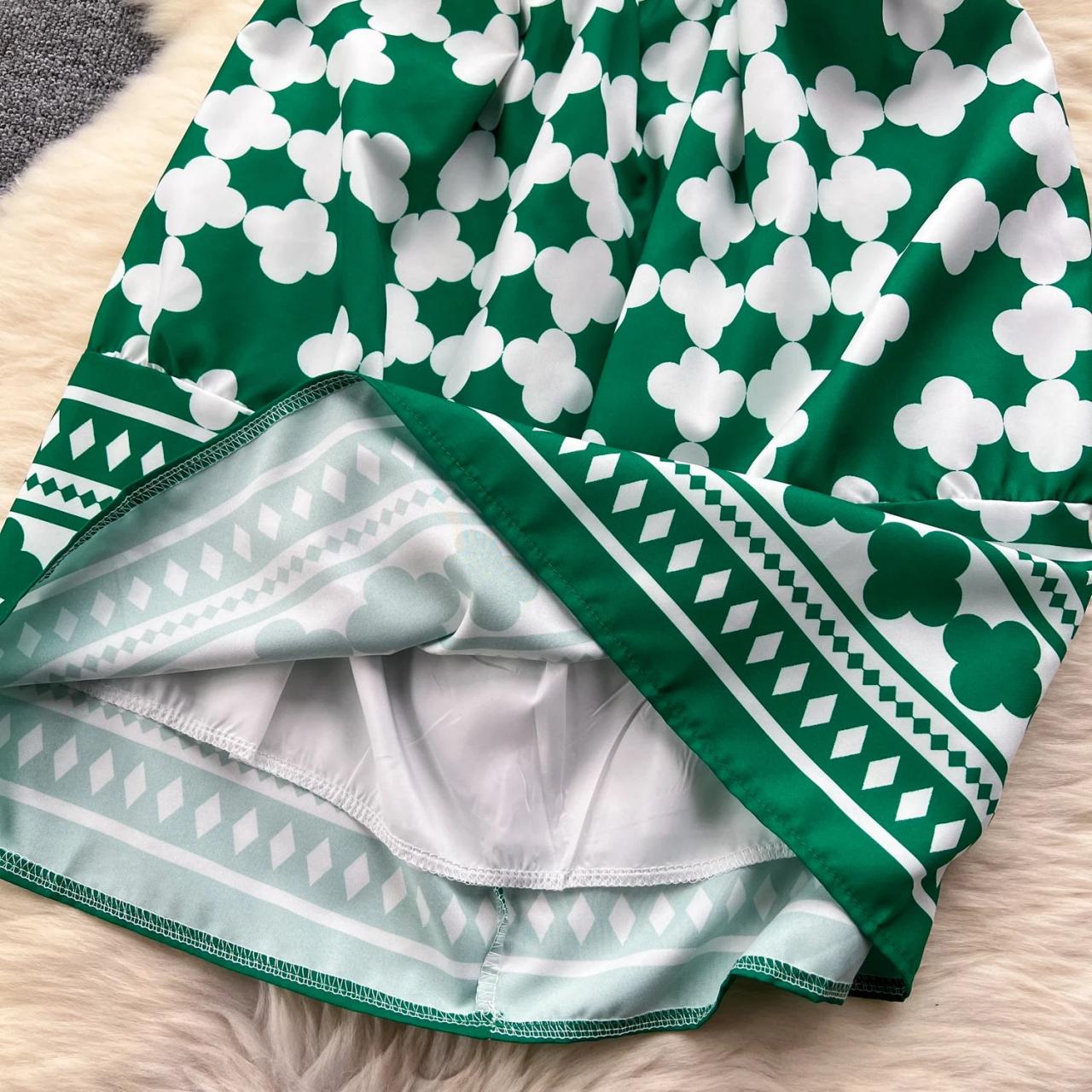 Green And White Geometric Pattern Summer Dress on Luulla